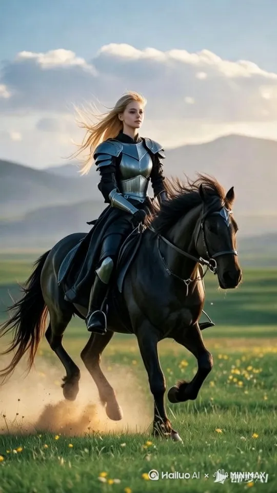 主题描述：一位身着银色铠甲的年轻女骑士，金色长发随风飘扬，骑在矫健的黑色骏马上，背景是辽阔的草原，远处有低矮山丘与零星野花，天空漂浮着絮状白云。美学风格：高清8K画质，电影级光影渲染，动态模糊的驰骋姿态，鲜艳的草绿色与铠甲冷色调形成对比。专业参数：广角镜头强化空间感，超现实细节刻画鬃毛飘动轨迹，低角度拍摄突出马蹄扬起的尘土颗粒，晨雾中透出金色阳光。[跟随] by Hailuo AI Video Generator