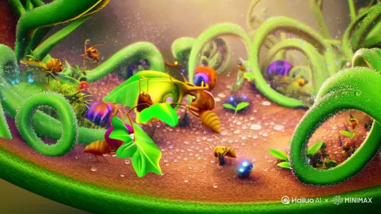 3D animation,蜗牛壳微观世界,卡通小昆虫举树叶战斗,晨露折射彩虹光,鲜绿藤叶环绕,柔焦梦幻风格 by Hailuo AI Video Generator