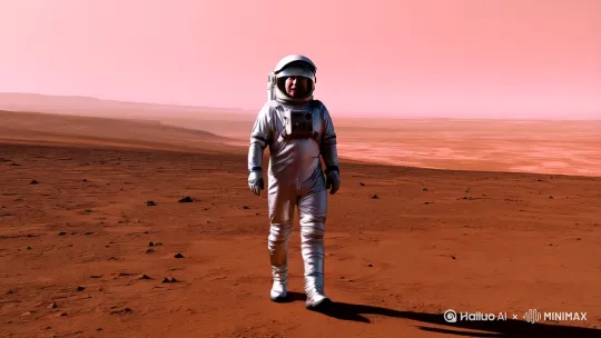 马斯克登上火星，抬头指向周围的火星环境，表情激动， by Hailuo AI Video Generator
