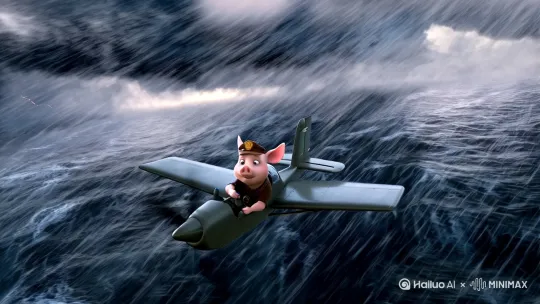 一只小猪开着飞机，在大海上狂风大雨的天空中飞行 by Hailuo AI Video Generator