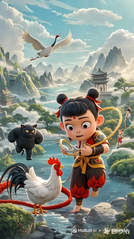 镜头起始于黑豹的视角，以仰拍的方式缓缓展现哪吒与白鸡的身姿（1 秒）。随后，镜头迅速拉近，聚焦在白鸡那夺目且独特的红冠之上（1 秒）。哪吒为试探金鸡，手臂一挥，将火尖枪朝着白鸡投掷而去（1 秒）。与此同时，混天绫像是有生命一般，瞬间收紧，似乎随时准备协助哪吒应对突发状况（1 秒）。白鸡受到惊吓，奋力振翅，溅起星星点点的火花，在雾气中格外耀眼（1 秒）。整个运镜流畅自然，生动展现出这一紧张时刻。 by Hailuo AI Video Generator