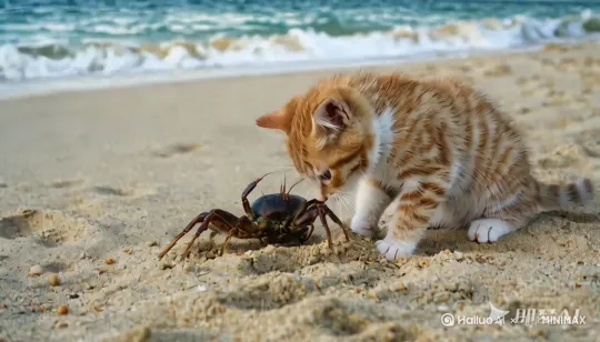 橘白相间的小花猫在海边沙滩上抬头向前看了看，扭头逃跑 by Hailuo AI Video Generator