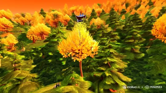 3D皮克斯风格，深秋山林全景，金黄银杏叶被风卷成旋涡状飘落，镜头推近至古亭台阶上堆积的落叶，一双孩童的小手捧起叶片抛向空中。背景虚化出层叠的山峦与橘色晚霞。 by Hailuo AI Video Generator