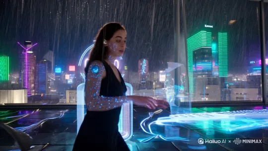《零时镜像》分镜1：霓虹雨幕中的量子终端
【场景】2077年雨夜的全息天台，AI助理在玻璃幕墙投射出倒计时（00:10:00）。身着电子纹身的女主角将神经接口接入悬浮键盘，数据流在瞳孔中闪烁。
【描述词】赛博朋克/数据流/倒计时

分镜2：故障的时空涟漪
【场景】所有全息设备突然泛起量子噪点，女主角的倒影在碎裂的幕墙中呈现重影。她耳后的生物芯片发出蜂鸣，空中浮现出与自己容貌相同的未来版女性虚影。
【描述词】时空裂隙/镜像悖论/超现实

分镜3：双生体的触碰
【场景】两个时空的指尖在量子涟漪中相遇，未来版女主递来泛着蓝光的记忆晶体。倒计时归零瞬间，雨珠在半空中凝结成固态，所有电子设备显示"时间锚失效"。
【描述词】因果闭环/禁忌接触/停滞的雨

（可拓展元素：时间黑市交易、意识上传后遗症、平行宇宙仲裁者） by Hailuo AI Video Generator