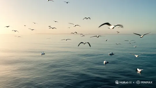 镜头在海平面上，广阔的海面上，有很多海鸥飞翔，也有一些海鸟在睡眠浮游着。镜头迅速下移到漆黑的海底，远景镜头下哥斯拉安静的站在海底，展示哥斯拉庞大的身躯，画面迅速拉进最后定格在了哥斯拉模糊的正脸特写，两只巨大的眼睛冒着红光，隐约能看到背鳍泛着蓝色光芒，电影级画质 by Hailuo AI Video Generator