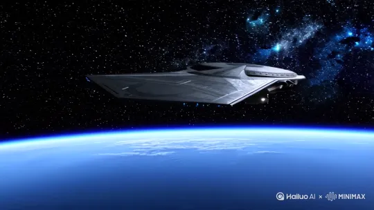 主体：星际战舰，太空中蔚蓝的地球
场景：[左移,推进,右摇]巨型三棱锥母舰遮蔽（低角度广角镜头），尖端闪烁着低频脉冲蓝光，在太空中俯瞰地球，即将冲入地球大气层
风格：灾难片星空穿梭特效
质量词：8K超清粒子渲染 by Hailuo AI Video Generator