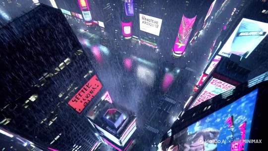俯视航拍镜头
暴雨中的纽约时代广场（超现实紫灰色滤镜）
霓虹广告牌突然闪烁乱码（特效提示：全息投影故障效果）
镜头快速下坠穿过雨幕

地面主观视角
湿漉漉的柏油路震动
黑色三角飞行器倒影在积水扩散（提示：镜面反射动态模糊）
刺耳的金属扭曲音效

仰角广角镜头
三艘千米级母舰突破云层（提示：赛博朋克风格机械纹路）
绿色能量束击中克莱斯勒大厦
大厦分解成悬浮立方体（特效关键词：量子解构粒子特效）

特写转场
人类瞳孔收缩倒映出：
半透明章鱼状外星生物（提示：生物荧光纹理+机械义肢）
触须突然刺穿第四面墙冲向镜头

倾斜镜头混乱街景
汽车悬浮组成防御屏障（提示：反重力金属流体）
士兵装备外骨骼发射等离子网（动态模糊+能量轨迹）
外星无人机蜂群俯冲产生音爆云

黑场定格
血色外星文字浮现（提示：异形蚀刻质感）
中文/英文双语警告："收割程序已启动"

制作建议：
1. 使用动态变焦和镜头晃动增强临场感
2. 色彩方案：霓虹青+品红对冲色
3. 音效设计：混合鲸鸣频率的未知生物吼叫
4. 关键帧速率：前5秒24fps，后5秒48fps制造加速恐慌 by Hailuo AI Video Generator
