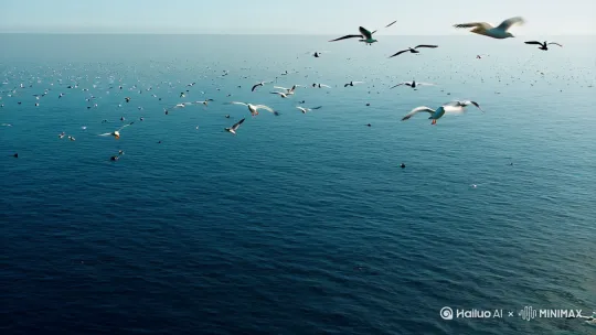 镜头在海平面上，广阔的海面上，有很多海鸥飞翔，也有一些海鸟在睡眠浮游着。镜头迅速下移到漆黑的海底，远景镜头下哥斯拉安静的站在海底，展示哥斯拉庞大的身躯，画面迅速拉进最后定格在了哥斯拉模糊的正脸特写，两只巨大的眼睛冒着红光，隐约能看到背鳍泛着蓝色光芒，电影级画质 by Hailuo AI Video Generator
