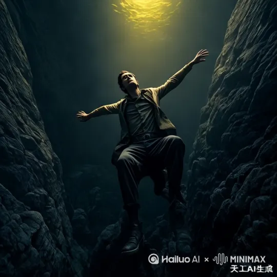 人持续往深渊下坠，双手胡乱网上伸，双脚激烈挣扎 [下摇,下降,晃动]头顶的光从暗黄色变成血红色 by Hailuo AI Video Generator