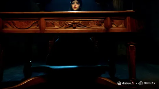镜头从一片昏暗环境的低机位地面镜头开始，缓缓前推并上升，随着镜头的上升，画面中出现一张奢华的木桌，镜头继续上升，拍摄到木桌之后昏暗的环境里坐着一个正对镜头的人，这个人的面部被一束顶光照亮，胸口上戴着一朵鲜红的玫瑰，画面构图和明暗色彩类似《教父》。 by Hailuo AI Video Generator