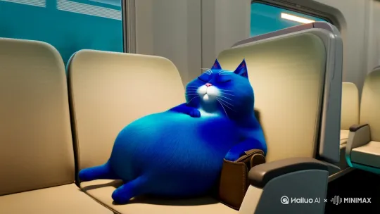 一只蓝色的胖猫在高铁上睡觉，突然乘务员来到了他的旁边，向他索要学生证，蓝色的胖猫自豪的掏出了大专学生证，乘务员一脸震惊，让蓝色的胖猫下高铁去铁轨上当卧轨 by Hailuo AI Video Generator