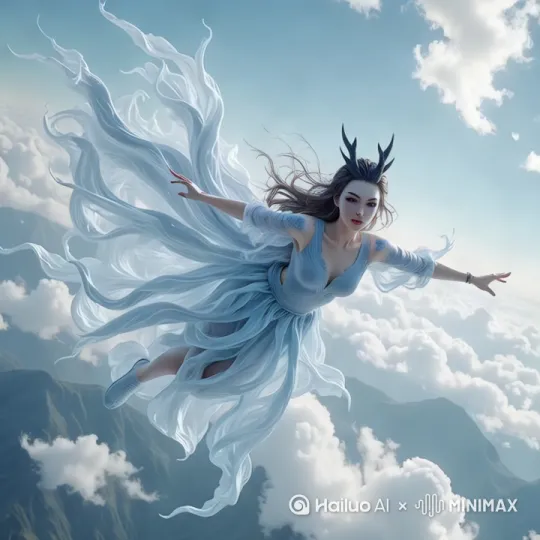 快速高空跟踪镜头移动,无人机视角,一个超现实的高速梦境序列,一个金发美女向前飞行,轻松地在云层之间滑行,双臂向两侧伸展,头部向前,捕捉平滑水平飞行的感觉。头发、衣服随风摇摆,相机紧密跟踪,保持对站立姿势的持续视角,随着角色迅速穿越场景。环境是动态的,快速变化,下面有云层和山脉,不断往后掠过的白云,运动模糊和光迹增强了速度感和流畅性。快速移动。 by Hailuo AI Video Generator