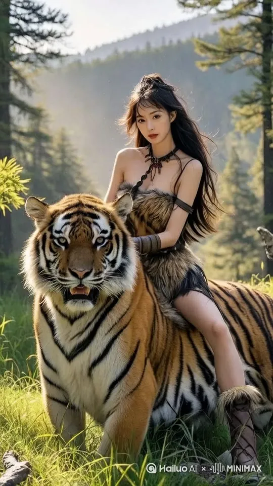 美女双腿紧紧夹，骑在东北虎奔驰在森林，头发随风而动，树叶，草地被奔跑的东北虎撞动。 by Hailuo AI Video Generator