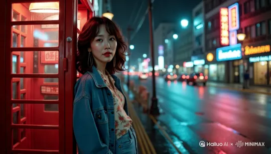 车水马龙的道路旁，[左摇,变焦推进]女人倚靠在红色电话亭玻璃上，看着马路上的车来车往，指尖缠绕电话线凝望远方，雨夜街道倒映着霓虹广告牌，潮湿柏油路面泛着油彩色光斑，王家卫式青蓝色调与暖黄路灯交织，胶片颗粒质感，霓虹灯管在玻璃上折射出光晕，暗部保留胶片未显影的粗粝感，--柔焦处理 光影流动感 电影级动态模糊，[左移,推进,右摇]最后聚焦女人面部回眸看向镜头
画面采用王家卫标志性的潮湿美学，主色调为被雨水浸泡过的孔雀蓝与锈红色交织。刻意保留过曝的高光区域制造光晕污染，阴影处添加青橙色阶分离效果。材质着重表现：霓虹灯管在雨水上的液态反光 。用2.3:1的电影遮幅比例压缩空间感，在画面边缘添加随机光斑模拟过期胶片边缘漏光。 by Hailuo AI Video Generator