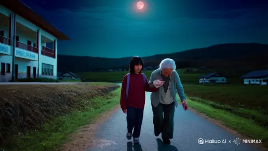 我和奶奶手牵手一起走在去高中的路上，奶奶佝偻着身子，颤抖着受过伤的手拉着已经高出她不少的我。身边路过我们的村庄，天空的月亮照耀着大地 by Hailuo AI Video Generator