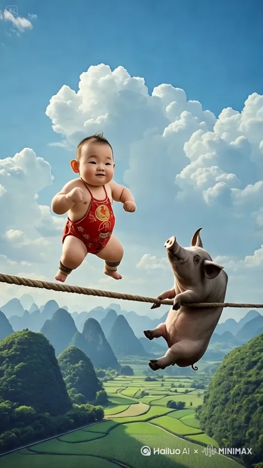 画面中的小男孩儿和大母猪历史般的暴力打斗场面。镜头跟随图片中的小男孩儿和大母猪拳打脚踢，跳起来翻滚，打架，暴力动作片，小男孩儿和大母猪生死战电影情节旋转旋风踢。	小男孩与大老虎暴打，场面如黄飞鸿一样欢天滚地拳打脚踢，暴打出手！ by Hailuo AI Video Generator