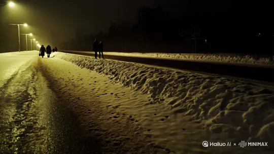 雪夜  一条灯光昏暗的道路  行人寥寥无几[推进,上升] by Hailuo AI Video Generator