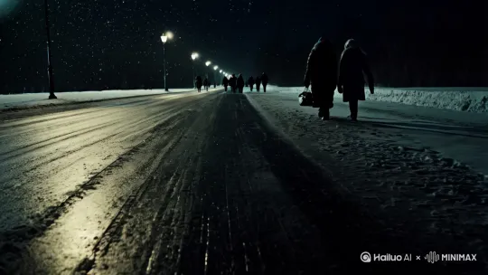 雪夜  一条灯光昏暗的道路  行人寥寥无几[推进,上升] by Hailuo AI Video Generator