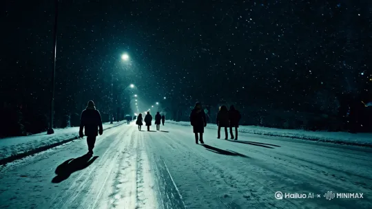 雪夜  一条灯光昏暗的道路  行人寥寥无几[推进,上升] by Hailuo AI Video Generator