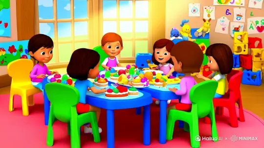 幼儿园午餐场景,彩色塑料桌椅围坐着开心交谈的孩子们,桌面散落着水果块和卡通三明治,阳光透过窗户洒在餐桌上,背景墙贴满儿童手绘作品和字母表,角落摆放着积木和毛绒玩具,柔和的自然光线与暖色调墙壁形成温馨氛围,童趣插画风格,广角镜头展现空间感,高饱和度色彩增强活力感,景深虚化处理突出主体人物 by Hailuo AI Video Generator