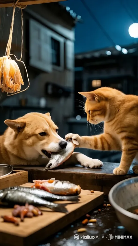 流浪狗叼来新鲜鱼肉，橘猫感动拥抱，共同研发新配方。要求真实自然流畅，丝滑，动作快些 by Hailuo AI Video Generator