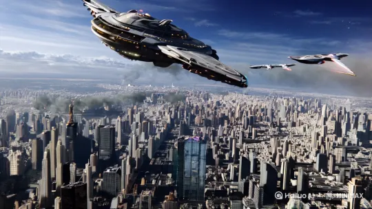 外星战舰入侵地球，在城市上空与人类战斗[推出,上升,下摇] by Hailuo AI Video Generator