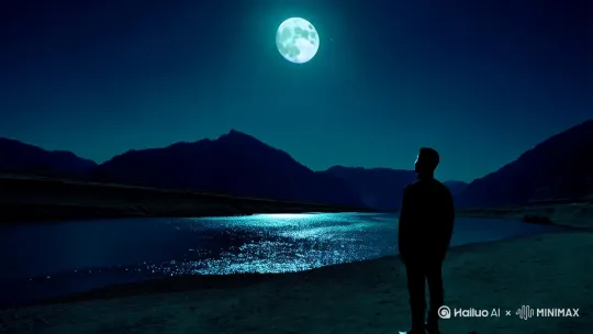 一个孤独的男人在岸边赏月，明月当空，江水倒映着月光，远处有模糊的山峦。画面要稍亮一点，不要太暗，要体现一种寂静和落寞的氛围。[下降,上摇] by Hailuo AI Video Generator