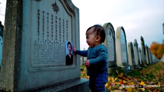 秋天的一个早上，一个中国小宝宝站在墓碑前，伸出双手抚摸墓碑上妈妈的照片，时不时用嘴吻着照片，不断大哭，氛围凄凉，背景墓园里，周围都是墓碑，写实风格，高清画质 by Hailuo AI Video Generator