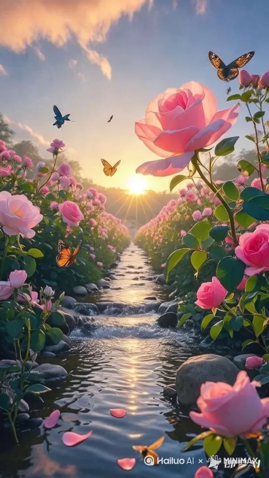 镜头前推:微风中玫瑰花轻轻摇曳的效果。河流缓慢 by Hailuo AI Video Generator