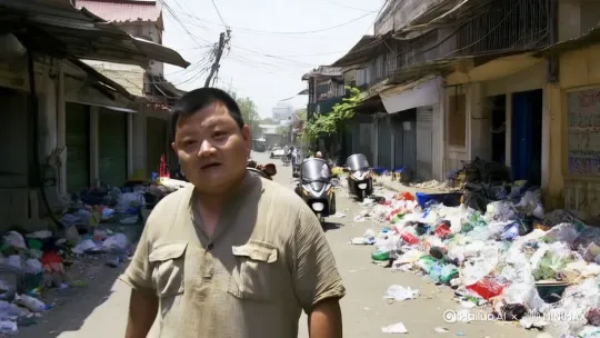 视屏总体呈现现代小贩收废品视频的状态、人物表情丰富、仿佛看到千年前的自己、并和历史中的自己打招呼、背景设置在现在的街道旁、有三轮车和零星的废品、房屋不高、人流不多、街道老旧马路不宽、人物衣服有些破旧、污渍总体不凌乱、镜头由远到进拍摄、在打招呼时有光感效果、有不足之处你自行补充、相信你会制作的非常完美 by Hailuo AI Video Generator