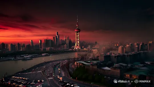 航拍镜头缓缓下降，捕捉上海外滩黄昏时刻的末日氛围。东方明珠塔在血红晚霞中矗立，如同孤胆英雄，其尖锐轮廓切割着天际线。街道上，车辆停滞形成一条静止的钢铁长龙，交通信号灯闪烁无序，仿佛城市的脉搏紊乱。微风卷起地面上散落的报纸碎片，它们在空中飘舞，如同末世的信使。远处，警笛声隐约响起，增添了一丝紧张与不安。整个画面采用电影感暗调光影，强调建筑棱角分明的锋利阴影，营造出一种末世降临前的诡异宁静。全景镜头下，城市的每一个角落都被细腻描绘，展现出一种前所未有的视觉冲击力。 by Hailuo AI Video Generator