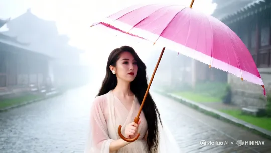 撑着粉紫色的油纸伞，行走在江南烟雨中。 by Hailuo AI Video Generator