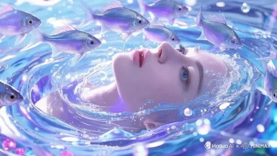 主题描述：女性面部轮廓在游动的银色鱼群中逐渐液化分解，液态五官形成流体漩涡，虹彩鱼群穿梭时带起水波纹路。美学词：流体力学动态粒子模拟，透明水质渐变折射光影，蓝紫色冷调光斑与液态人像交融。专业词：8K超写实流体渲染，粒子系统模拟液体飞溅轨迹，景深强化鱼群运动层次，光线追踪材质表现水体折射，动态模糊捕捉液态面容形变过程，微距镜头聚焦鱼鳞与液滴碰撞细节。 by Hailuo AI Video Generator