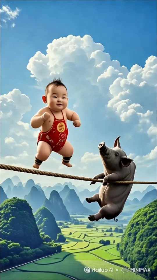 画面中的小男孩儿和大母猪历史般的暴力打斗场面。镜头跟随图片中的小男孩儿和大母猪拳打脚踢，跳起来翻滚，打架，暴力动作片，小男孩儿和大母猪生死战电影情节旋转旋风踢。	小男孩与大老虎暴打，大老虎之后又变成一只大狼狗与小男孩暴打起来，场面如黄飞鸿一样欢天滚地拳打脚踢，暴打出手！ by Hailuo AI Video Generator