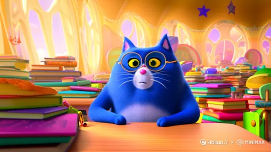 生成一个蓝色胖猫戴着眼镜在教室听课的视频 by Hailuo AI Video Generator