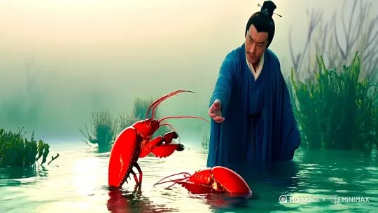 两个龙虾在打架，姜子牙伸出手去劝架，此时手里的鱼竿正好上鱼，鱼不断扯着姜子牙手里的鱼竿摇摇晃晃 by Hailuo AI Video Generator