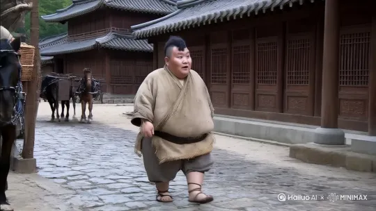 呈现中国古代汉朝收废品的状态、人物发型衣服都是古代的服装、衣服破烂、草鞋一双、表情显示和千年后的自己打招呼、背景古代青石板路、马匹马车、建筑为中国古代房屋 by Hailuo AI Video Generator
