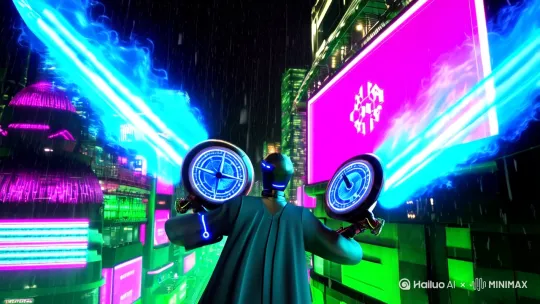 "霓虹暴雨中的赛博都市，机械飞剑喷射蓝色等离子流，义体剑仙的电子道袍猎猎作响。镜头穿梭在全息广告牌与悬浮轻轨之间，剑痕过处代码乱码如落樱纷飞。"

**视觉元素**：  
- 色彩搭配：青蓝剑光×玫红霓虹×电子幽绿的赛博水墨质感  
- 未来元素：飞剑内置全息导航罗盘，剑格处有不断刷新的数据瀑布流  
- 动态特效：雨水在触及剑身防护罩时化作像素化涟漪  

**关键帧提示**：  
1. 仰拍：飞剑从巨型佛像全息投影的眼部破空而出  
2. 第一视角：穿过AR显示的灵气浓度热力图区域  
3. 爆炸镜头：飞剑急停时在玻璃幕墙上擦出量子隧穿火花 by Hailuo AI Video Generator