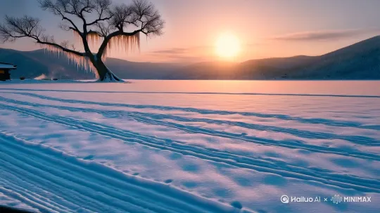 【雪路归人】

暮色漫过老牛的脊背，车辕在厚雪里犁出两道深痕，爬犁上的棉被垛里露出半截红灯笼穗子，正随着颠簸在苍茫天地间跳成一簇火苗。
车辙叠着车辙，像刻在雪地上的皱纹。远处村口那棵歪脖子槐树探出光秃秃的枝桠，枝头坠的冰溜子正巧接住最后一缕斜阳。老伴忽然笑起来，说看见二小子贴在门框上的春联红纸了。老牛仿佛也识得归途，蹄子踏碎积雪的咯吱声里，渐渐混进了谁家院墙里飘出的炊烟香。 by Hailuo AI Video Generator