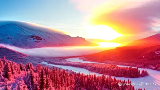 壮丽日出场景，白雪覆盖的连绵山峰，金色阳光穿透云层照射在覆盖着薄冰的松树林，蜿蜒的冰河表面凝结着晶莹冰花，红色岩石坡地披着白雪如同红装素裹，晨雾朦胧中透出粉红霞光，超高清画质展现冰晶反光细节，广角镜头呈现开阔雪原，冷色调中点缀暖色阳光，8K细节呈现雪粒质感，红霞映在雪地上的渐变光晕 by Hailuo AI Video Generator