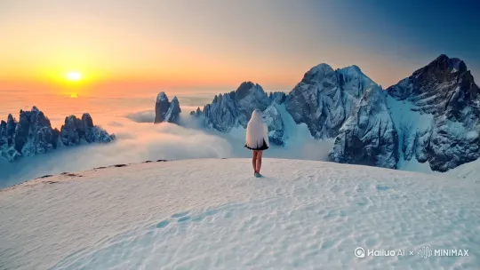 清晨，一个美丽的东方女孩，白色长发，短裙，穿着性感，看向远方，站在巍峨的山巅，雪山，白雪皑皑，山巅布满雾气，看着太阳升起[推出,上升,下摇] by Hailuo AI Video Generator