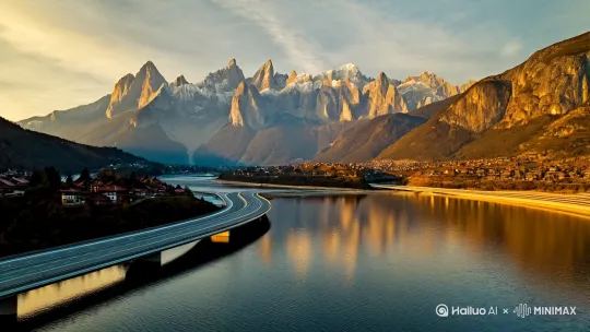 4生成一幅有山有水有村镇，公路交通四通八达的山水风景视频 by Hailuo AI Video Generator