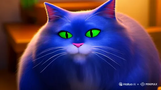 一只绿色眼睛的蓝色胖猫开心地吃着火锅 by Hailuo AI Video Generator