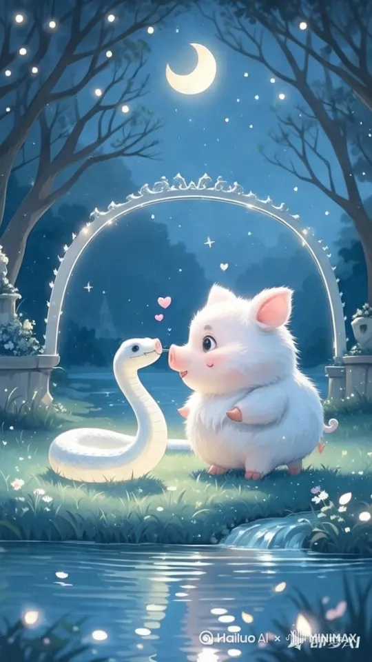 蛇和猪亲吻，背景不变[推进,上升][变焦推进] by Hailuo AI Video Generator
