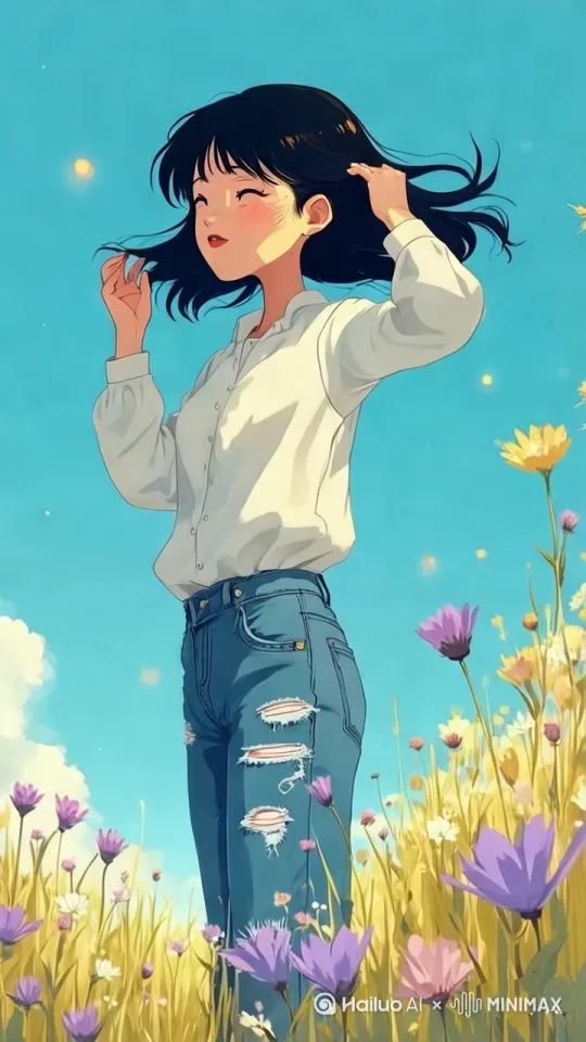 小女孩变走边跳舞周围的花都开了，引来了很多蝴蝶[右移,左摇,跟随] by Hailuo AI Video Generator