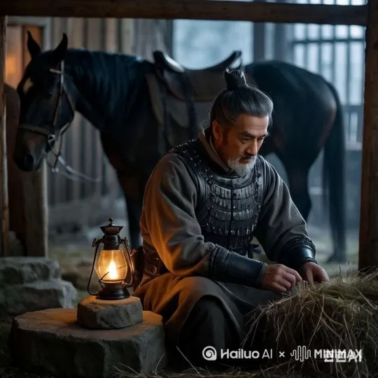 固定镜头，这是战马刨着前踢，留下了眼泪，这是棚外下起了雨，老兵缓缓的起身，抚摸着战马 by Hailuo AI Video Generator