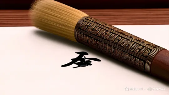 宣纸、毛笔、书法创作工艺，一个横陈在白色空间的巨大毛笔。毛笔的笔杆上刻有古老的诗词，笔尖处墨汁欲滴，仿佛即将在虚空中书写。背景是云雾中的山峰和古寺。以险峻的山峰、粗麻、宏观、高清禅意主义、短波、空灵深邃的禅境、灰白色调、大气透视、Maya、木质材料、Arnold 渲染器、空灵、古代与佛教文化的结合、三维禅意风格、大量空白、幽玄、长焦摄影、逆光、侧逆光、佛光、空灵的背景、3D 风格禅意画卷。 by Hailuo AI Video Generator