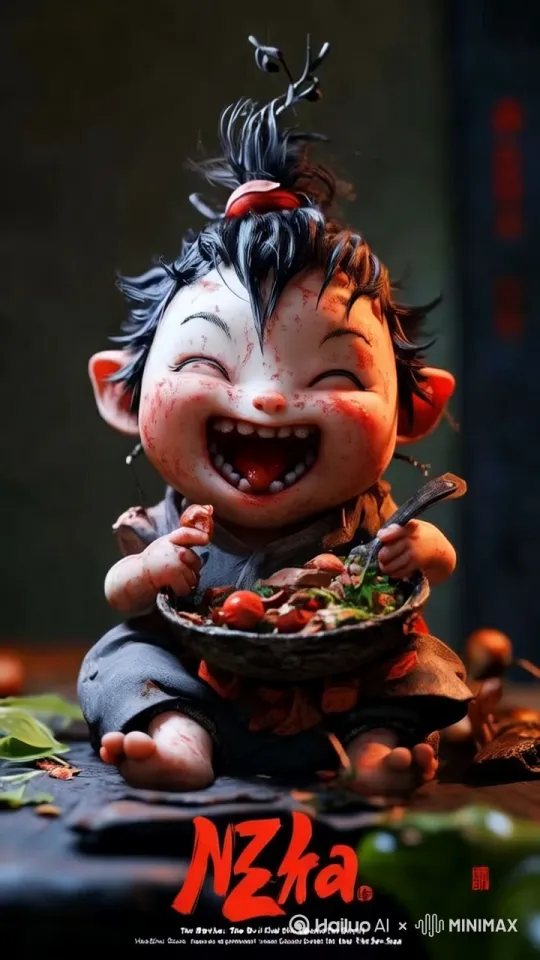 图片中的小孩因为食物好吃的手舞足蹈,不停的笑[左移,推进,右摇] by Hailuo AI Video Generator