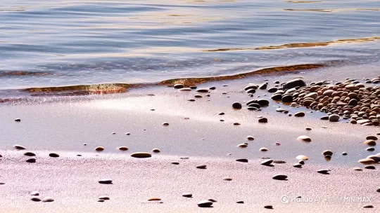 新疆白沙湖风景区的湖畔近景，细腻的白沙在温暖阳光照耀下闪烁着银色光芒，宛如月光洒落人间。清澈的湖水轻抚着岸边，浅水区散布着形态各异的鹅卵石，每一块都诉说着岁月的故事。微风轻拂，湖面上泛起一圈圈细腻的涟漪，仿佛大自然的呼吸。岸边，坚韧的爬地松与摇曳的芨芨草随风起舞，它们的绿意点缀在这幅宁静的画面中，增添了几分生机与活力。特写镜头捕捉这一刻的静谧美好，让人仿佛能听到风的低语和水的细语。中景，平视视角，纪实摄影风格，强调自然的光影与色彩，展现出白沙湖独特的自然风光。 by Hailuo AI Video Generator