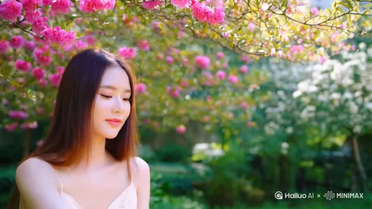生成一个20岁的美女穿着吊带，站在一棵灿烂的花树下，抓起一把落下的花瓣，冲着镜头丢过来 by Hailuo AI Video Generator